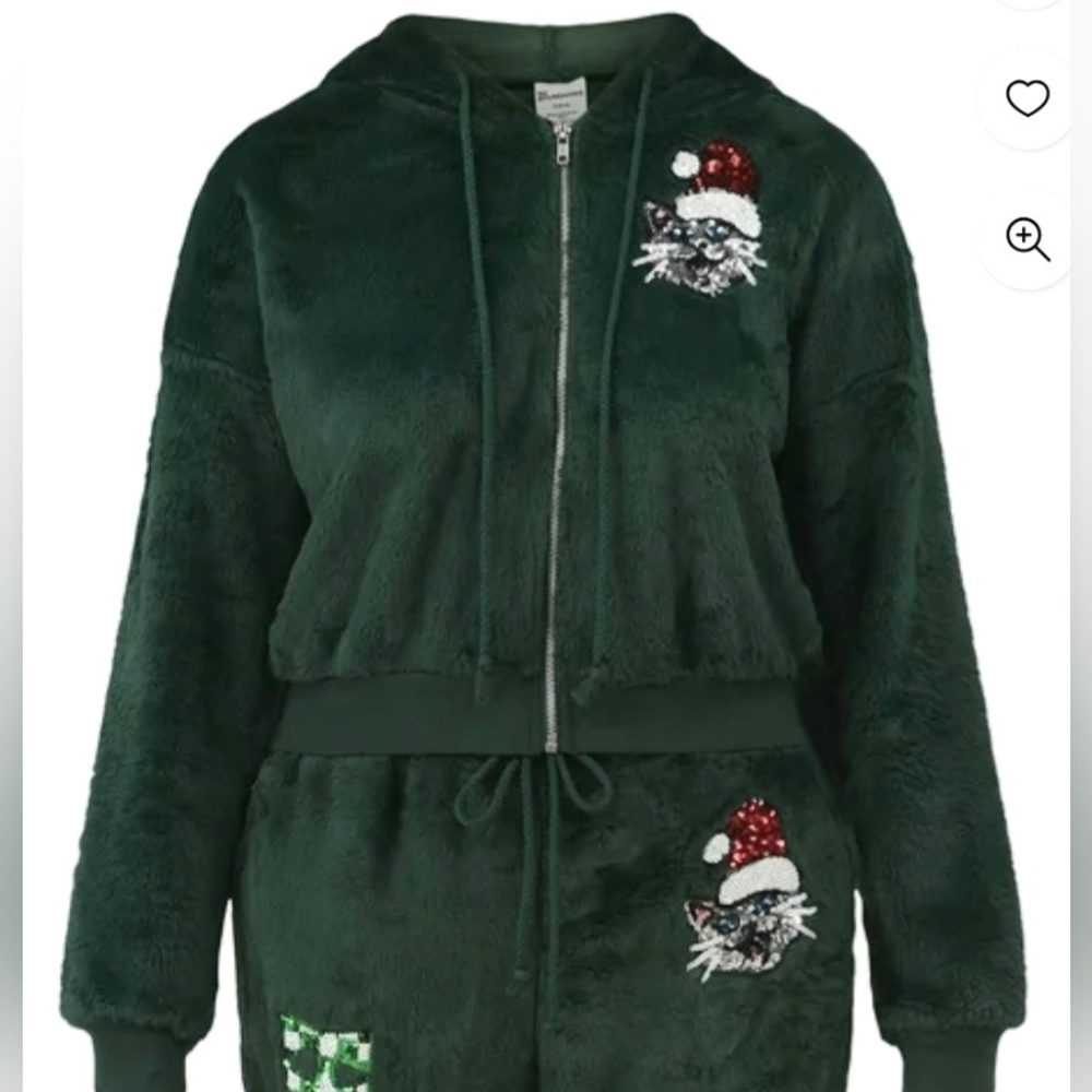 NoBo Christmas Cat Kitty Green Faux Fur Fluffy Zip-up Hoodie Junior Plus XXL 20